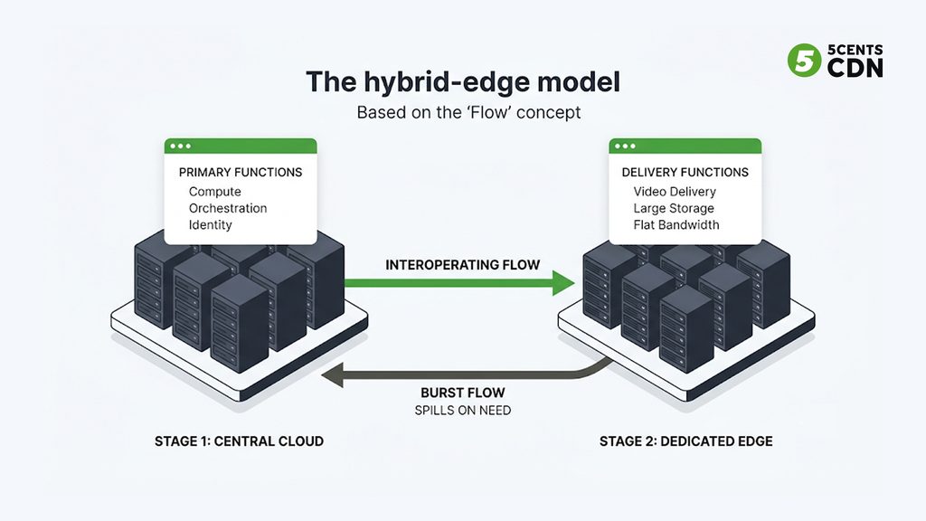 Explanation_Template-2 - 5centsCDN | Video Live Streaming | CDN | Restream Hybrid edge: cloud keeps orchestration and burst; dedicated CDN serves high-volume delivery at flat rates