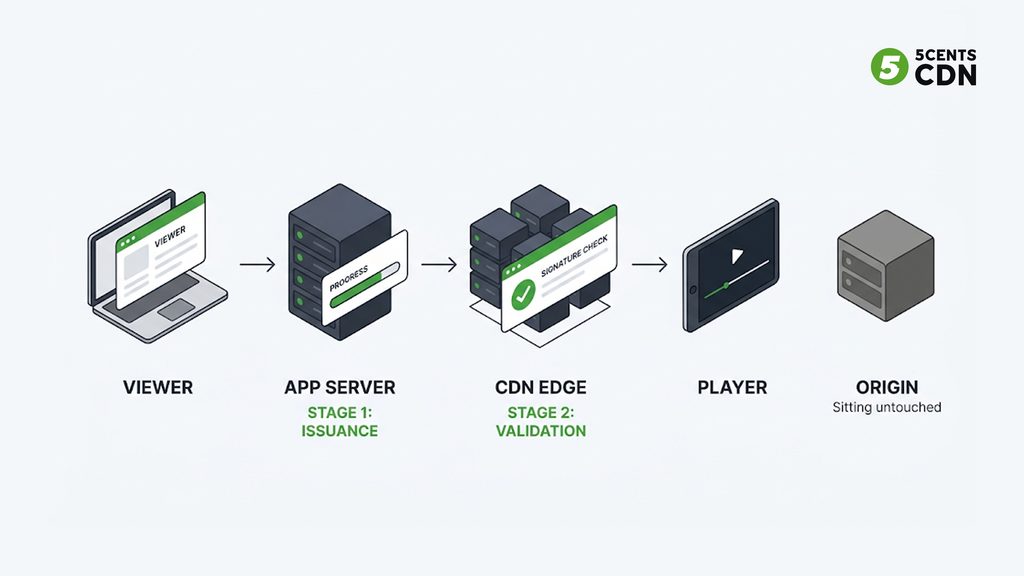 Explanation_Template-2 - 5centsCDN | Video Live Streaming | CDN | Restream Application issues a signed token, player requests content, the CDN edge verifies signature and expiry without asking the origin