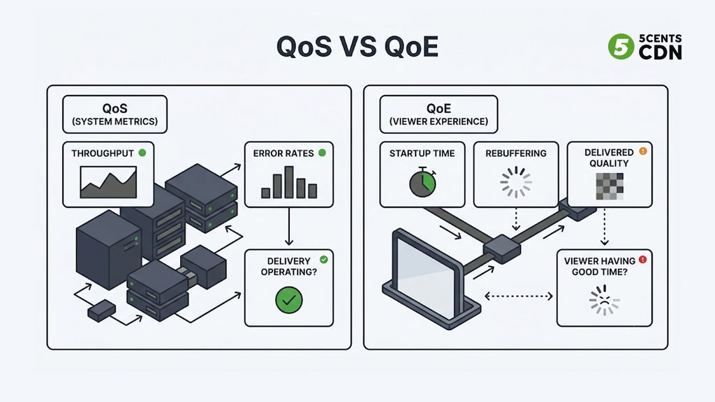 Explanation_Template - 5centsCDN | Video Live Streaming | CDN | Restream QoS measures the system inside-out; QoE measures the viewer's experience outside-in