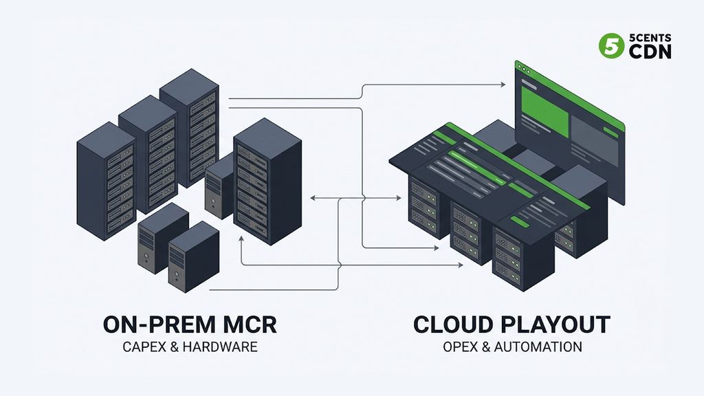 Traditional hardware master control room versus browser-based cloud playout