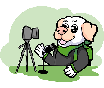 Cartoon dog wearing a green scarf hosts a podcast, speaking into a microphone with a camera on a tripod nearby.