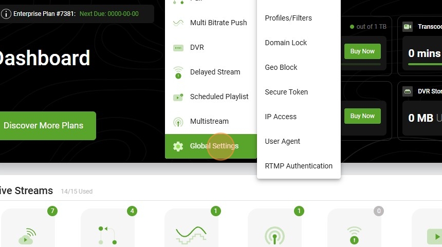  Under the settings menu, click on the Global Settings option.