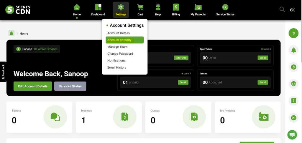 Dashboard Header with 5cents Cdn Logo and Green Icons; Account Settings Menu Open over the Welcome Panel