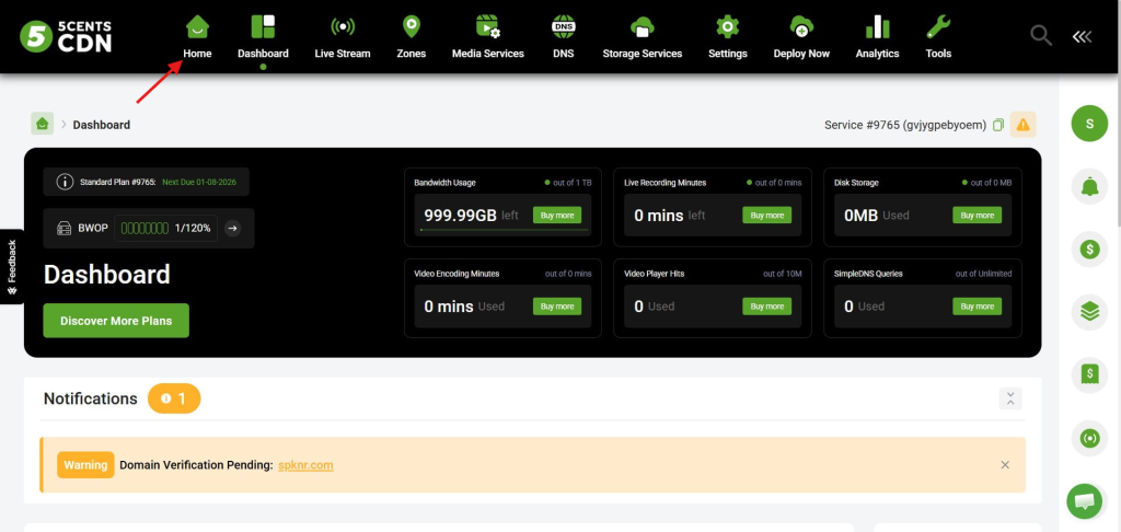 Dashboard Page with Dark Cards Showing Usage Stats and a Green 'discover More Plans' Button at Center-left.