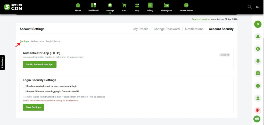 Account Settings Page with Settings Tab Active, Showing Authenticator App (totp) Setup and Login Security Settings Sections, Including a Green 'set Up Authenticator App' Button and a 'save Settings' Button Below.