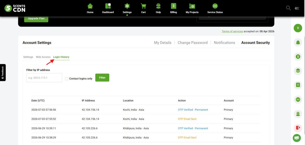 Account Settings Page Showing the Login History Tab with an Ip Filter and a Table of Recent Logins (date, Ip, Location, Action).