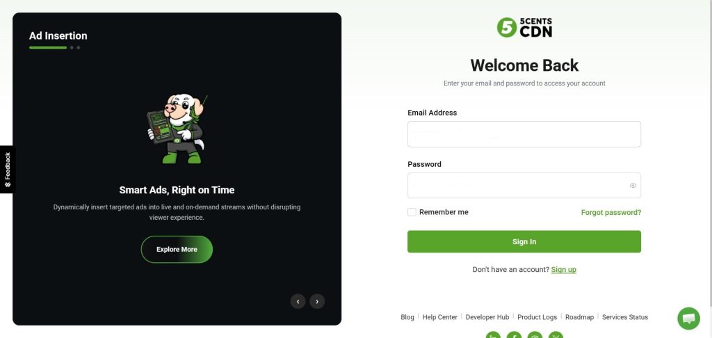 Split-screen Layout: Left Dark Ad Panel with a Cartoon Pig Holding a Tablet and 'smart Ads, Right on Time' Text and a Green 'explore More' Button; Right Side Shows a 'welcome Back' Login Form with Email and Password Fields.