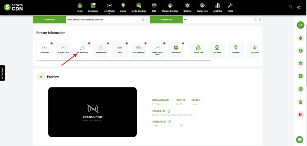 Dashboard Showing Stream Information with Option Cards (stream Info, Playback Urls, Live Transcoding) and a Preview Area Displaying a Black 'stream Offline' Video Placeholder.