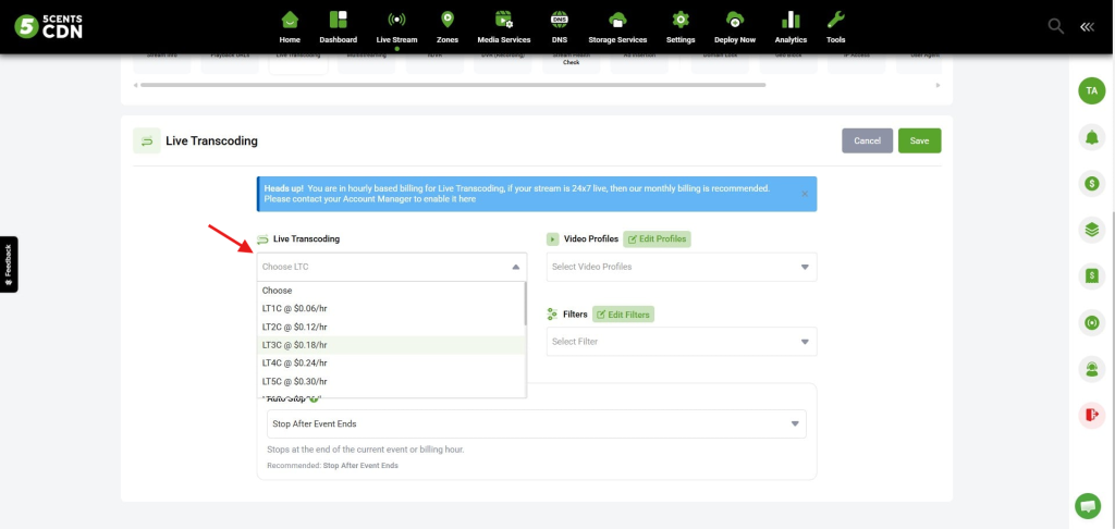 Live Transcoding Settings Panel with Dropdown to Choose Ltc Tier and Video Profiles on a Dashboard