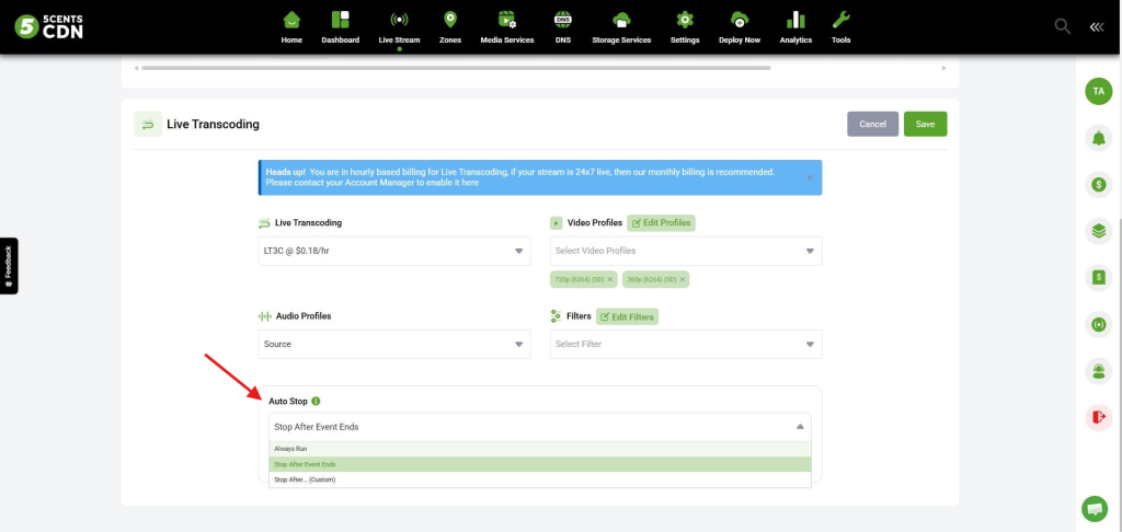 Live Transcoding Settings Panel with Profile Dropdowns and Auto Stop Section in a Web Ui