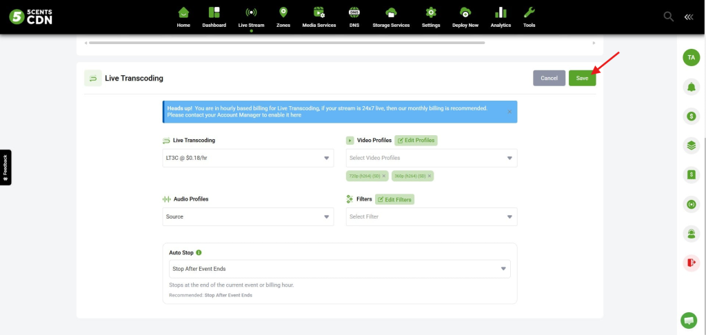 Live Transcoding Settings Panel with a Highlighted Save Button, Showing Lt3c @  alt=