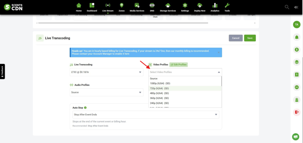 Live Transcoding Settings with Video Profiles Dropdown Open, Showing Options Like 1080p and 720p (h264) Sd