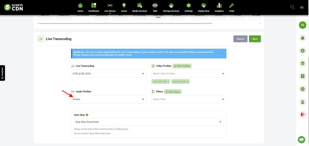 Live Transcoding Settings Panel with Audio Profiles Source Dropdown and Video/filters Options.